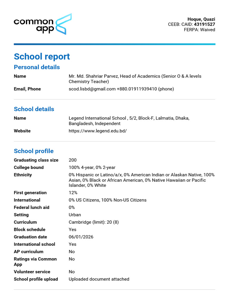 Common App Counselor Report | PDF | Educational Stages | Qualifications
