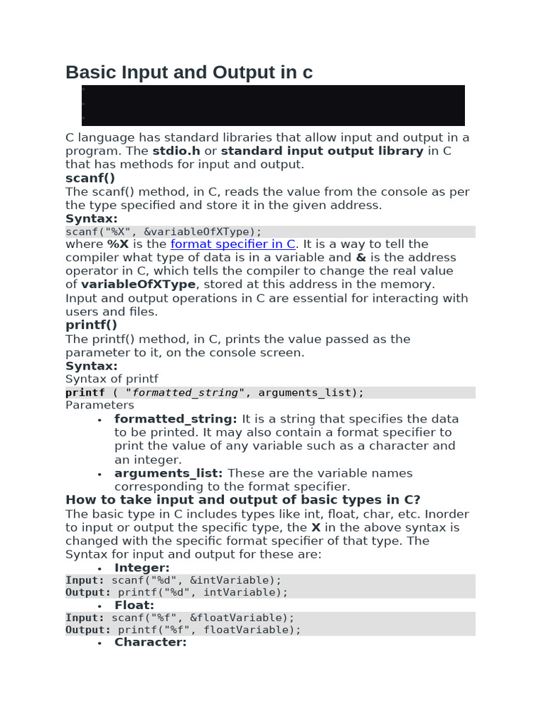 Basic Input and Output in C | PDF | Computer Data | Computer Architecture