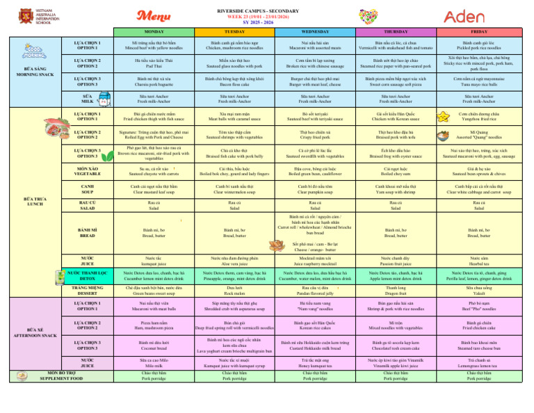 Vas Riverside Secondary Menu (January 19 - 23, 2026) | PDF
