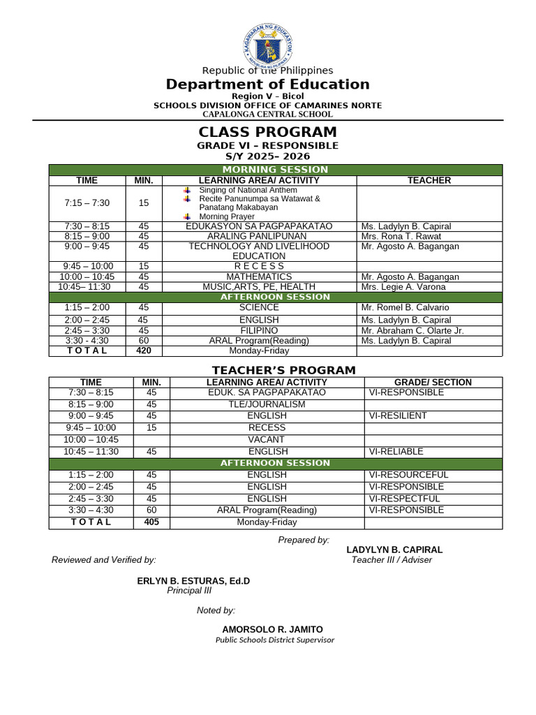 Class Program 2025-2026-Final | PDF | Philippines