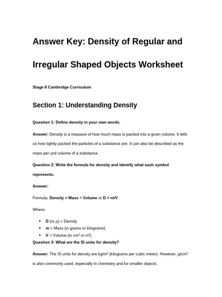 Answer Key - Density Worksheet Stage 8 Cambridge | PDF | Density | Volume