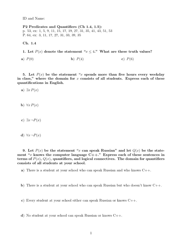 P2 Predicates and Quantifiers | PDF | Mathematical Logic | Metalogic