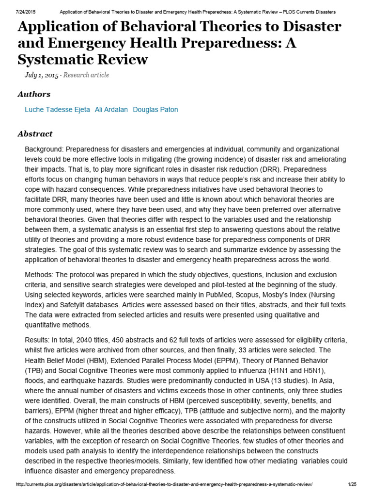 Application of Behavioral Theories To Disaster and Emergency Health ...