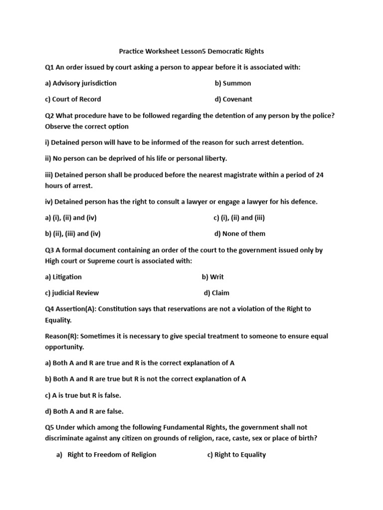 Practice Worksheet Lesson5 Democratic Rights | PDF | Justice | Crime ...