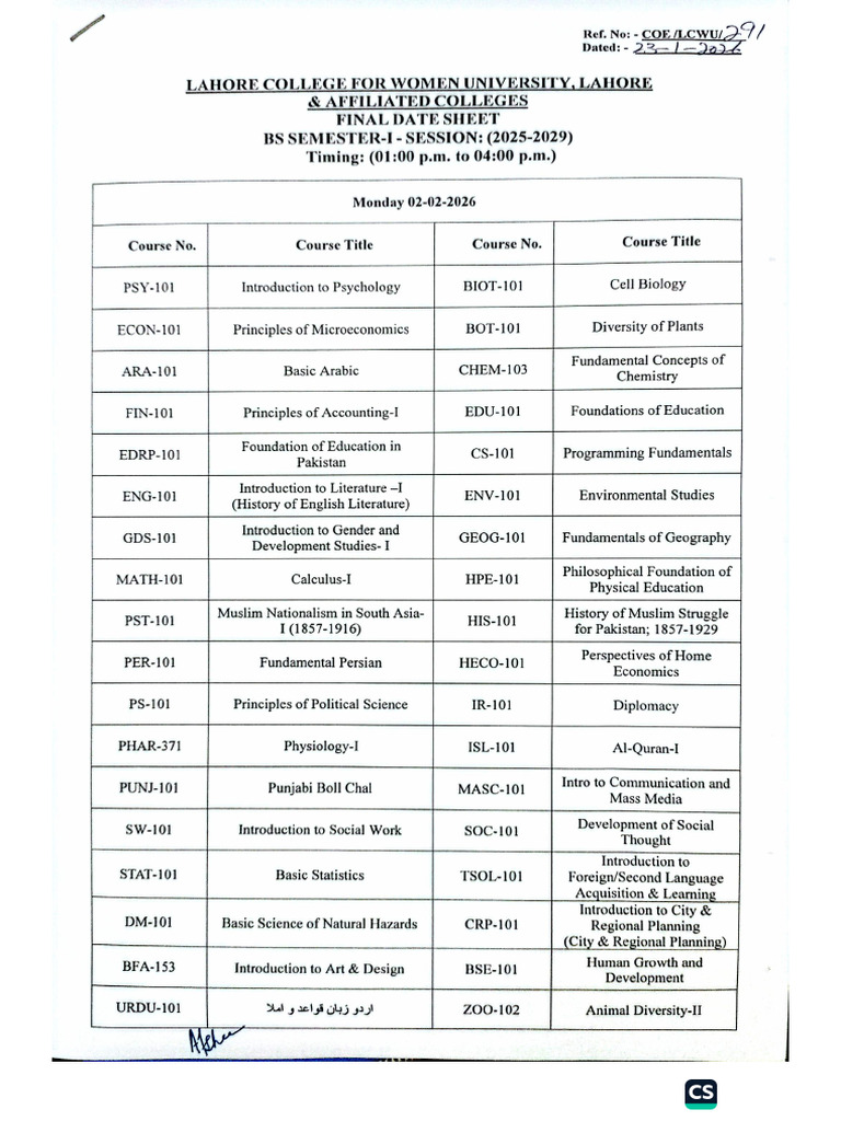 Final Date Sheet Semester I 2026 | PDF