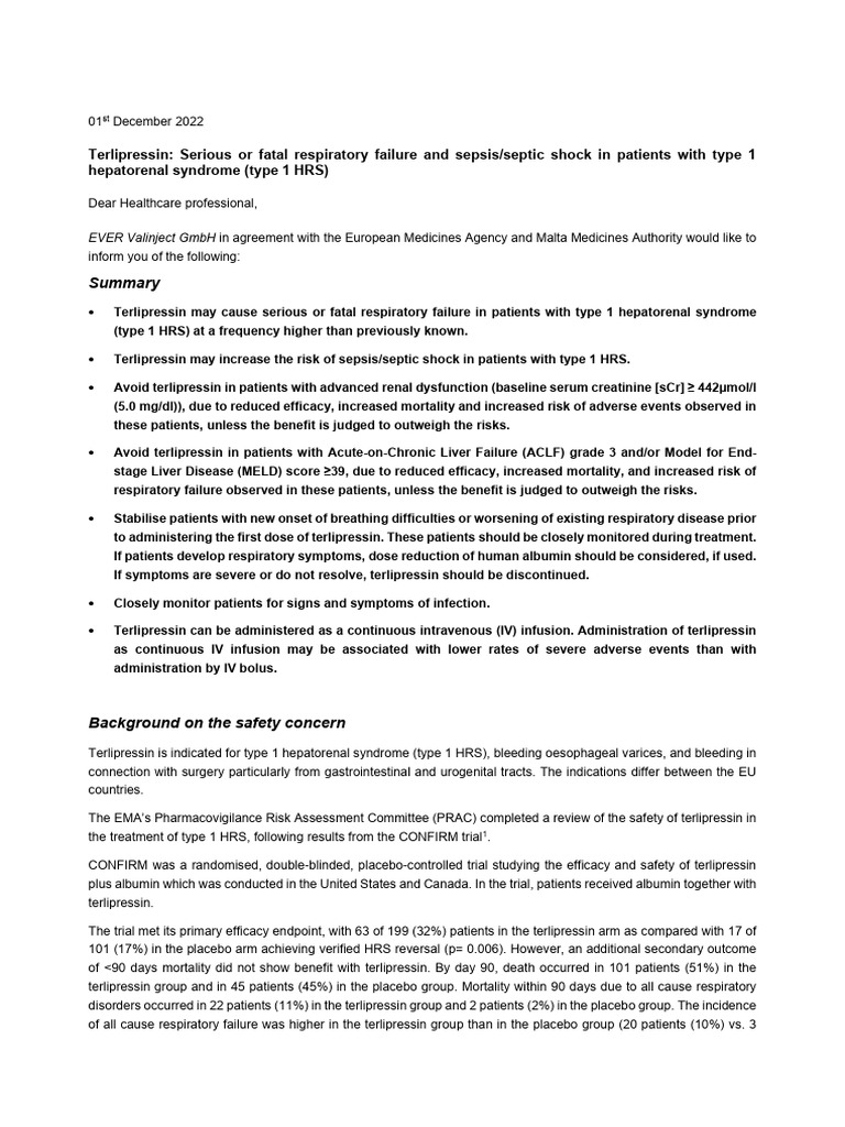 DHPC 2022-12-01 Terlipressin | PDF | Sepsis | Health Care