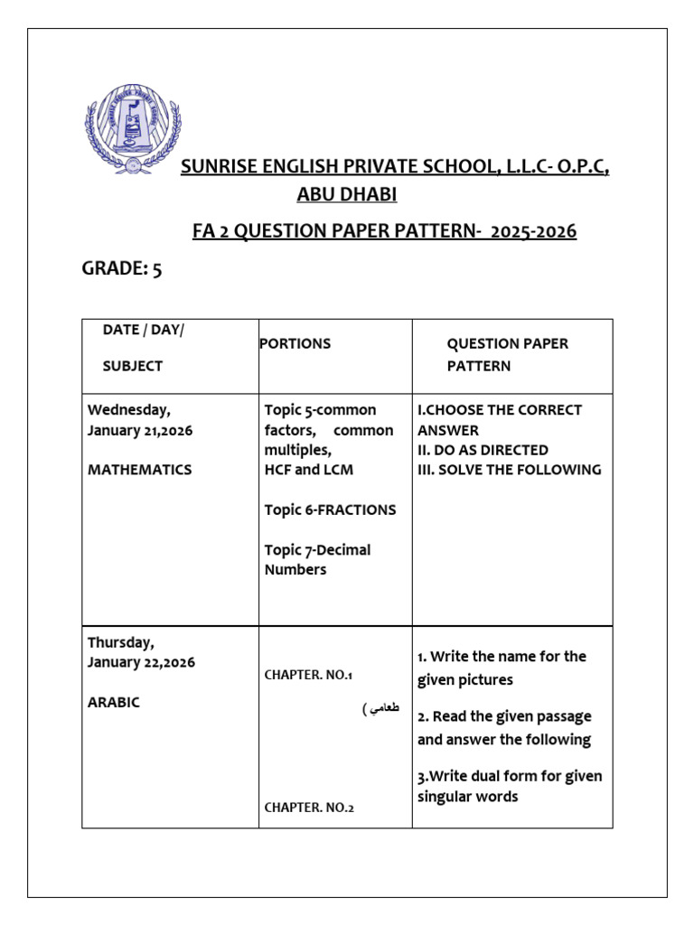 Grade 5 Fa2 Question Paper Pattern 25-26 | PDF | Linguistics | Grammar
