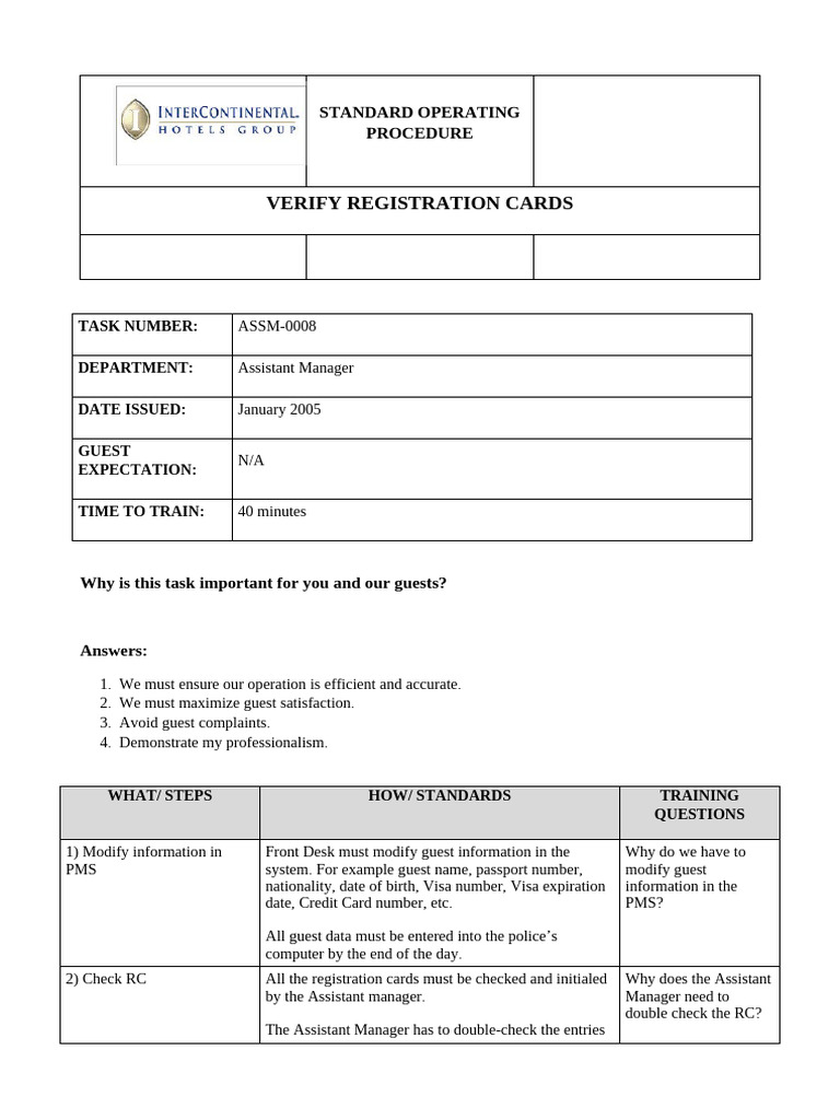 SOP Verify Registration Cards ASSM-0008 | PDF