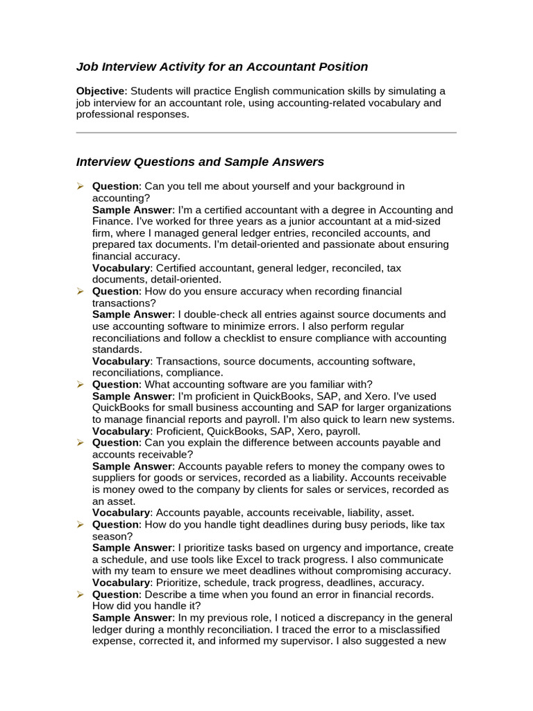 Job Interview Activity For An Accountant Position | PDF | Accounts ...
