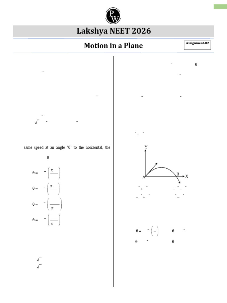 Motion in A Plane Assignment 02 Lakshya NEET 2026 | PDF | Projectiles ...