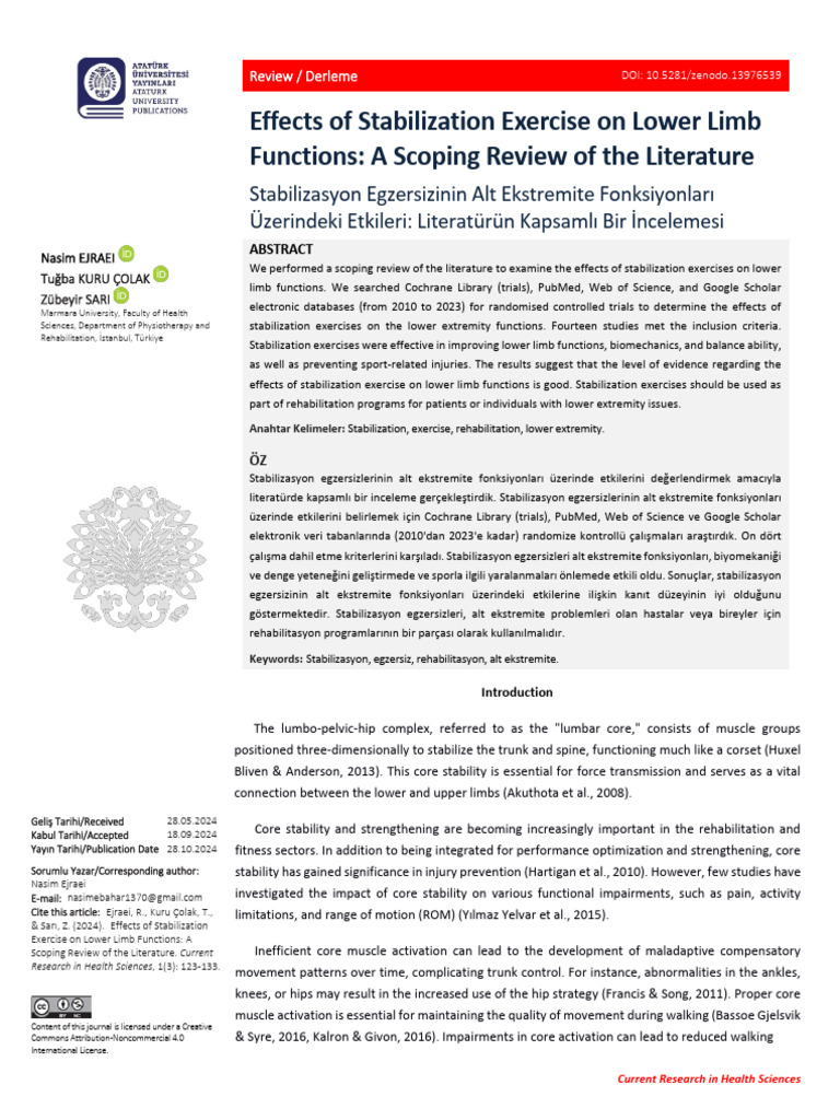 Effects of Stabilization Exercise On Lower Limb Functions: A Scoping ...