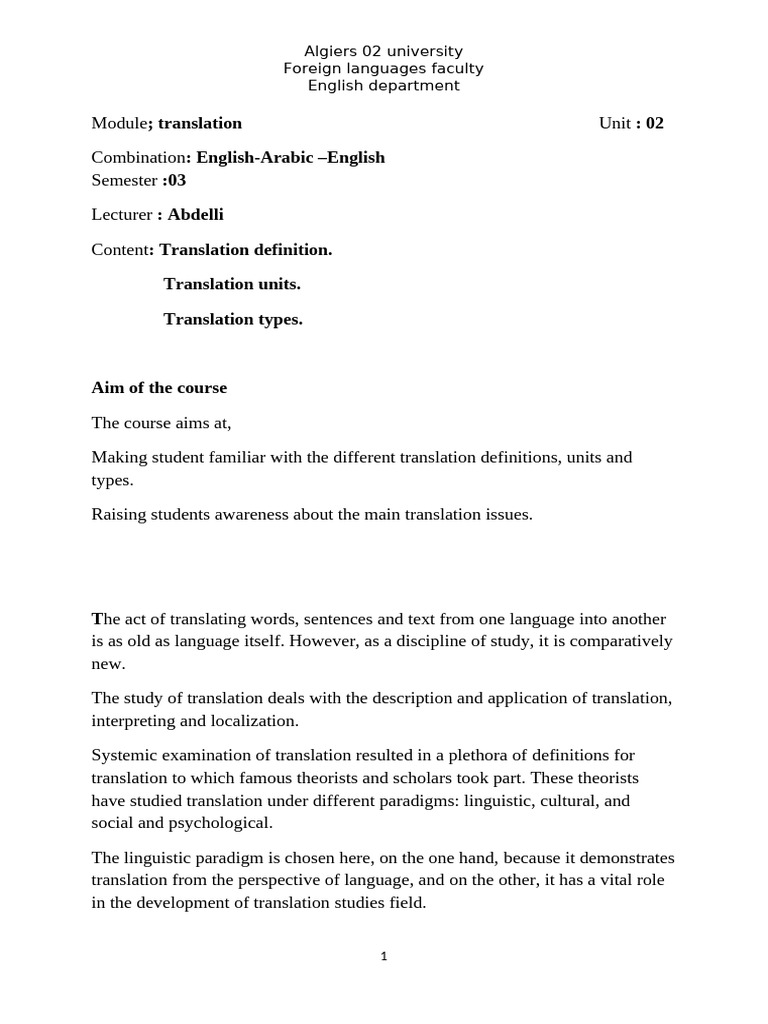 Translation Definitions, Units and Types | PDF | Translations | Semantics