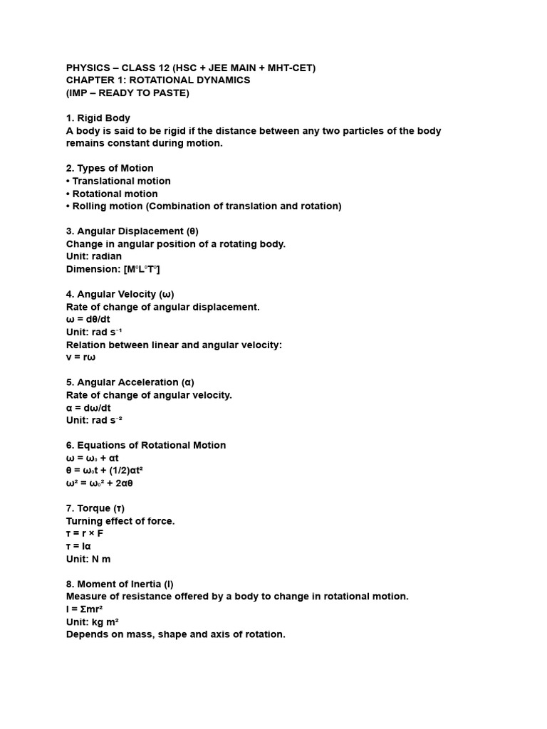 Physics Imp Topic Class 12 | PDF | Rotation Around A Fixed Axis ...