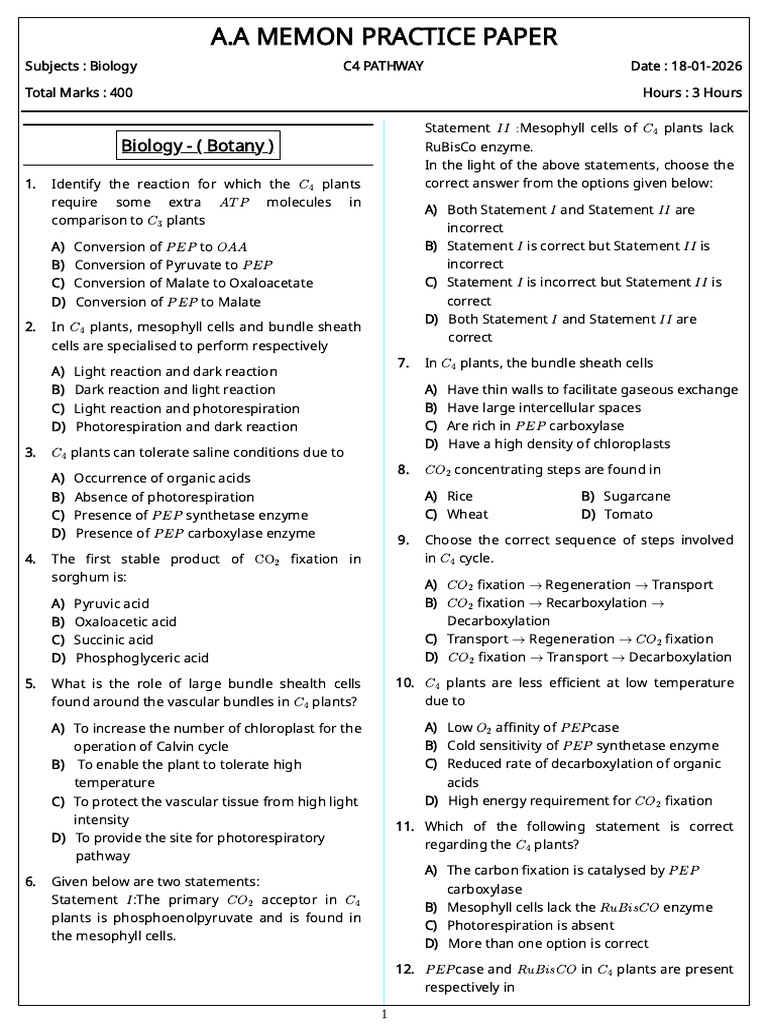 C4 Pathway Question Paper Byarshamemon - 260118 - 130105 | PDF ...