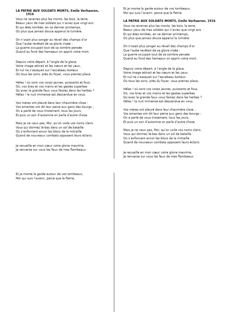 La Patrie Aux Soldats Morts Verhaeren | PDF