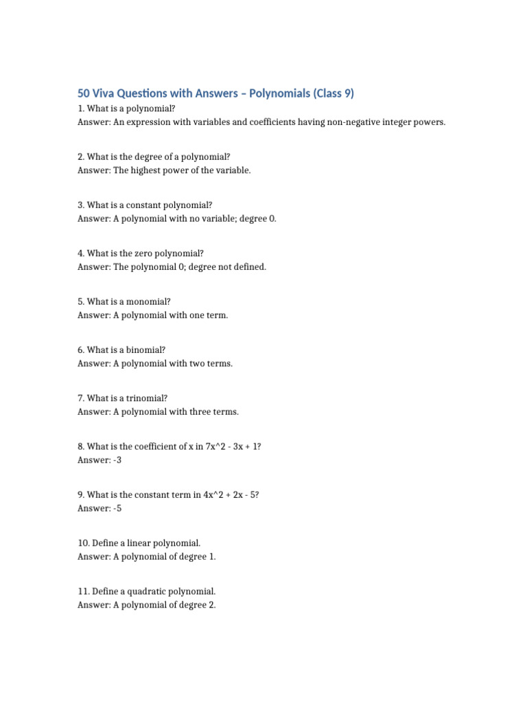 Polynomials 50 Questions With Answers | PDF | Polynomial | Numerical ...
