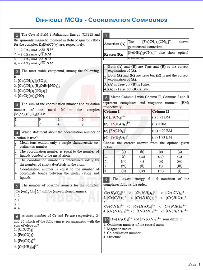 Difficult MCQs - Coordination Compounds | PDF | Coordination Complex ...