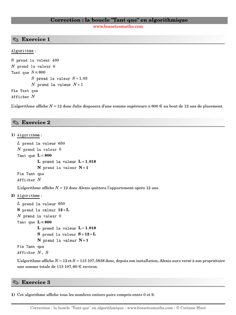 Boucle Tant Que Algorithmique Corr Exos | PDF