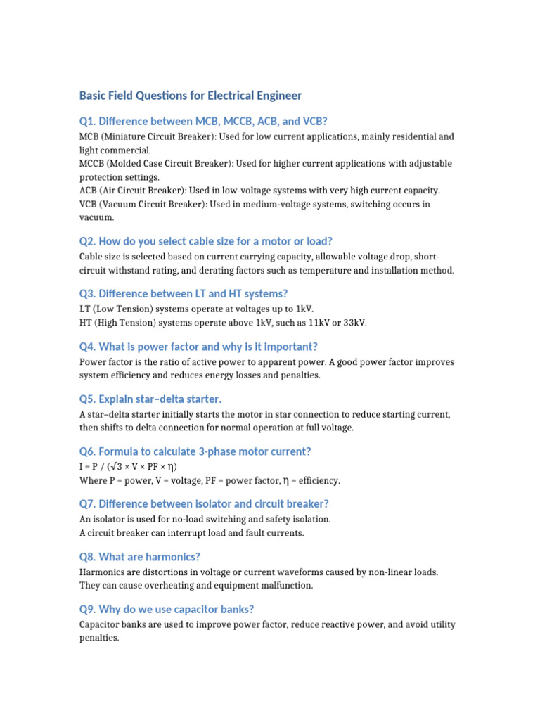 Basic Field Questions Electrical Engineer | PDF | Power Engineering ...