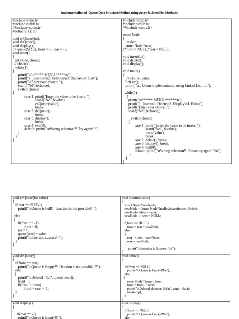 DS Queue Using Array & Linked List Method Lab Practice Handout | PDF ...