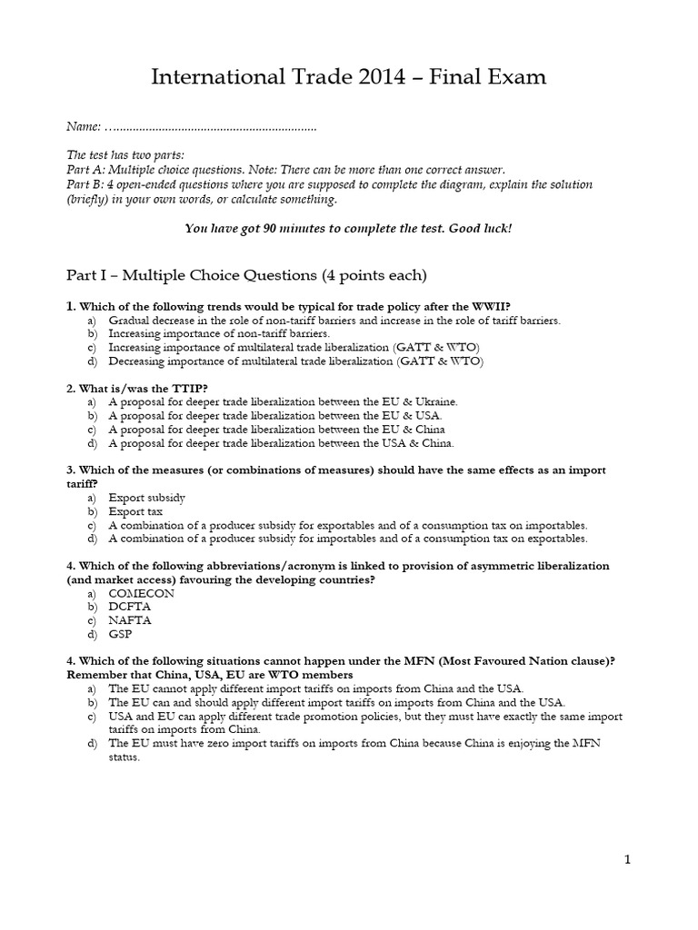 Trade Test 2014 Final - Sample | PDF | Tariff | Most Favoured Nation