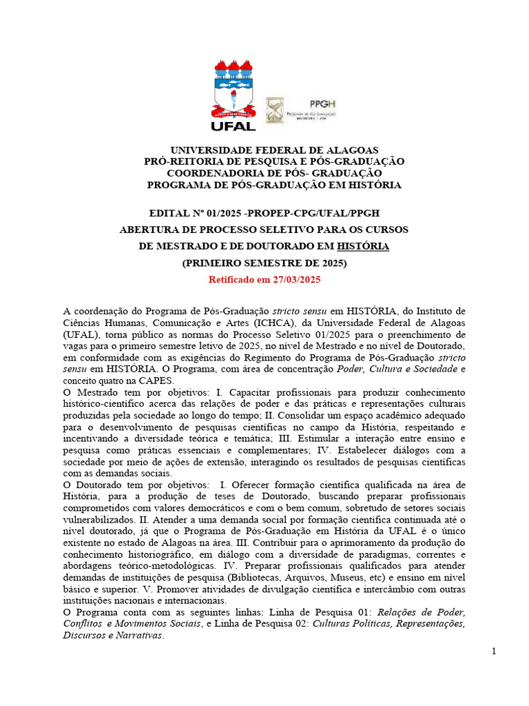 Edital Selecao Mestrado e Doutorado PPGH Ufal 2025 Final Retificado ...