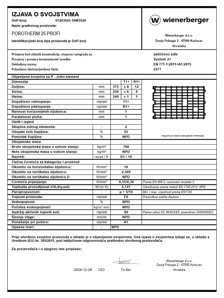 HR MKT TEC POR Porotherm 25 Profi Izjava o Svojstvima | PDF