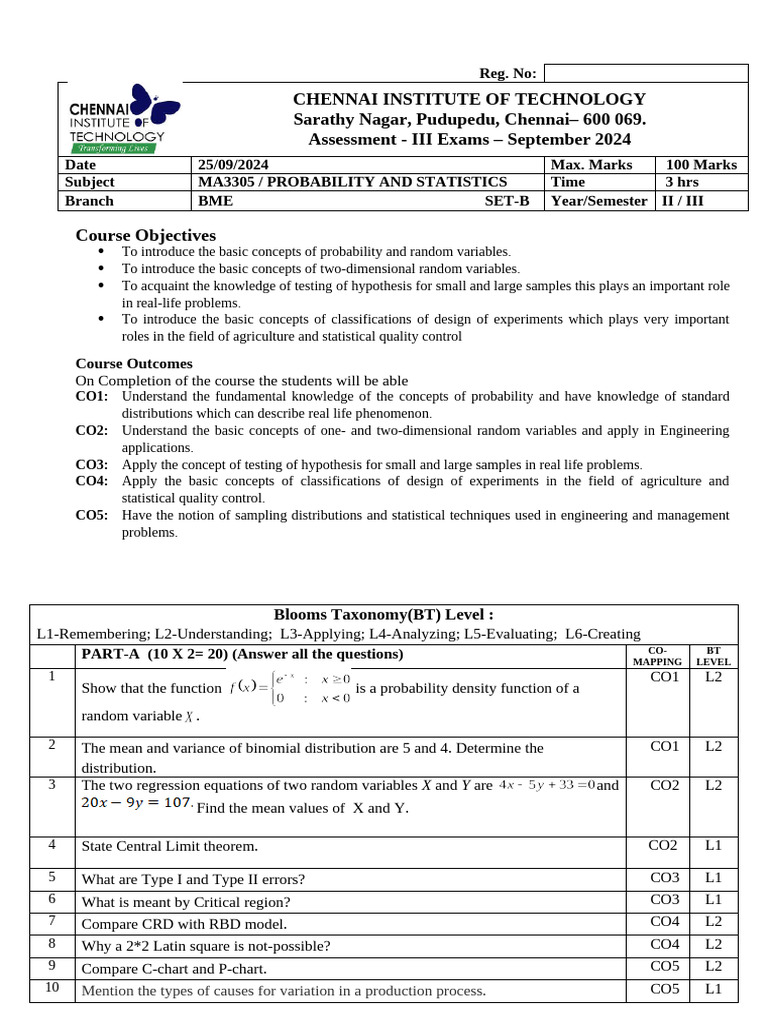 Ps - Ass III - Qp-Set B | PDF | Statistics | Experiment
