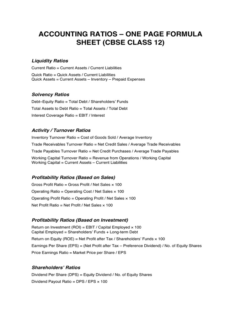 Accounting Ratios One Page Formula Sheet | PDF