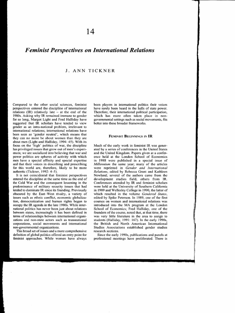 TICKNER Feminist Perspectives International Relations | PDF | Feminism ...