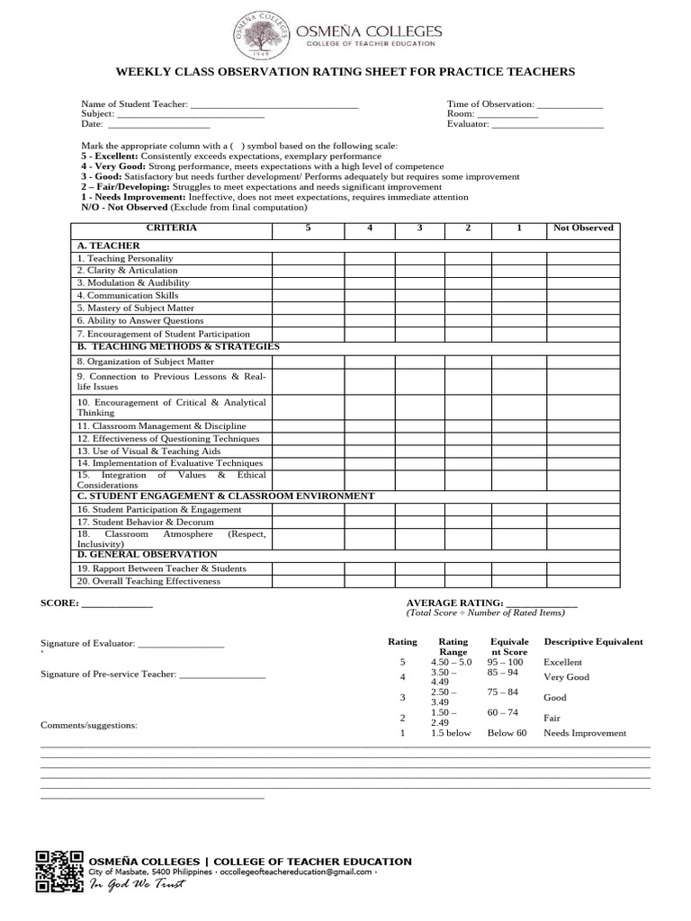 Wors - Weekly Class Observation Rating Sheet For Pre | PDF | Teachers ...