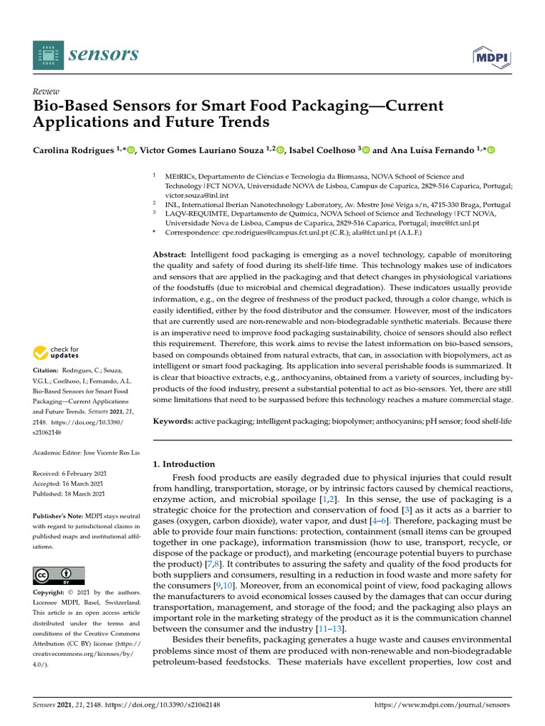 Sensors: Bio-Based Sensors For Smart Food Packaging-Current ...