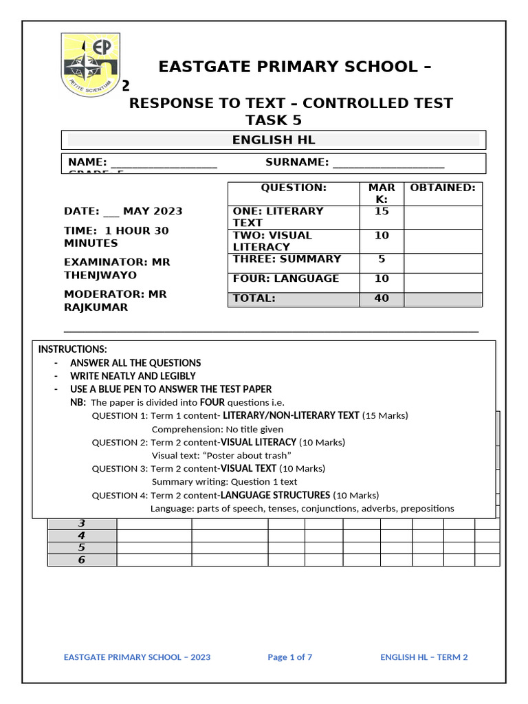 English Grade 5 Controlled Test Term 2 - 2023 | PDF | Plastic | Linguistics