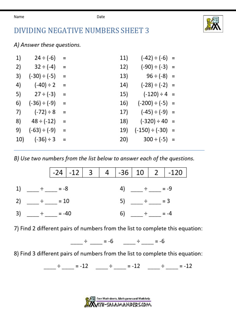 Dividing Negative Numbers 3 | PDF