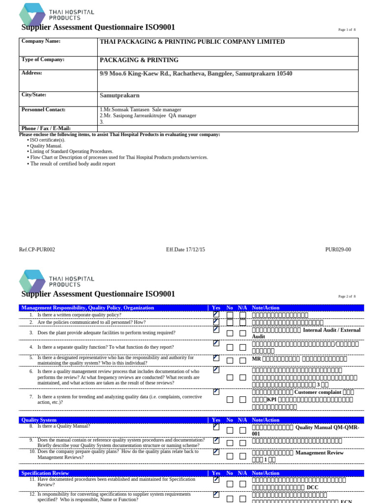 PUR029-00 Supplier Assessment Questionnaire ISO9001 | PDF