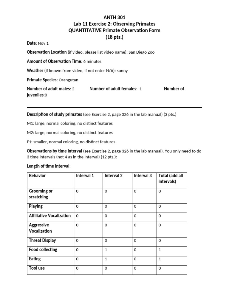 Lab+11+Excercise+2 +Observing+Priamtes Quantitative+Primate+Observation ...