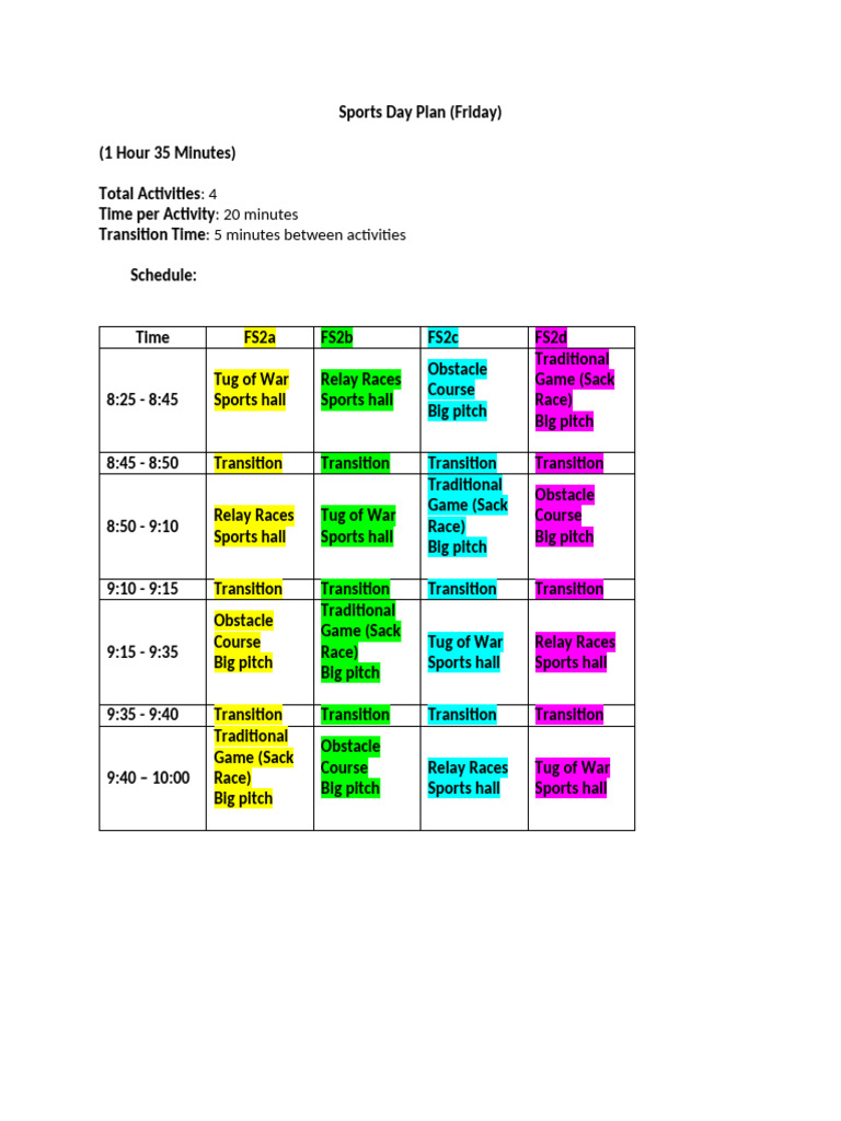 Sports Day Plan Friday | PDF
