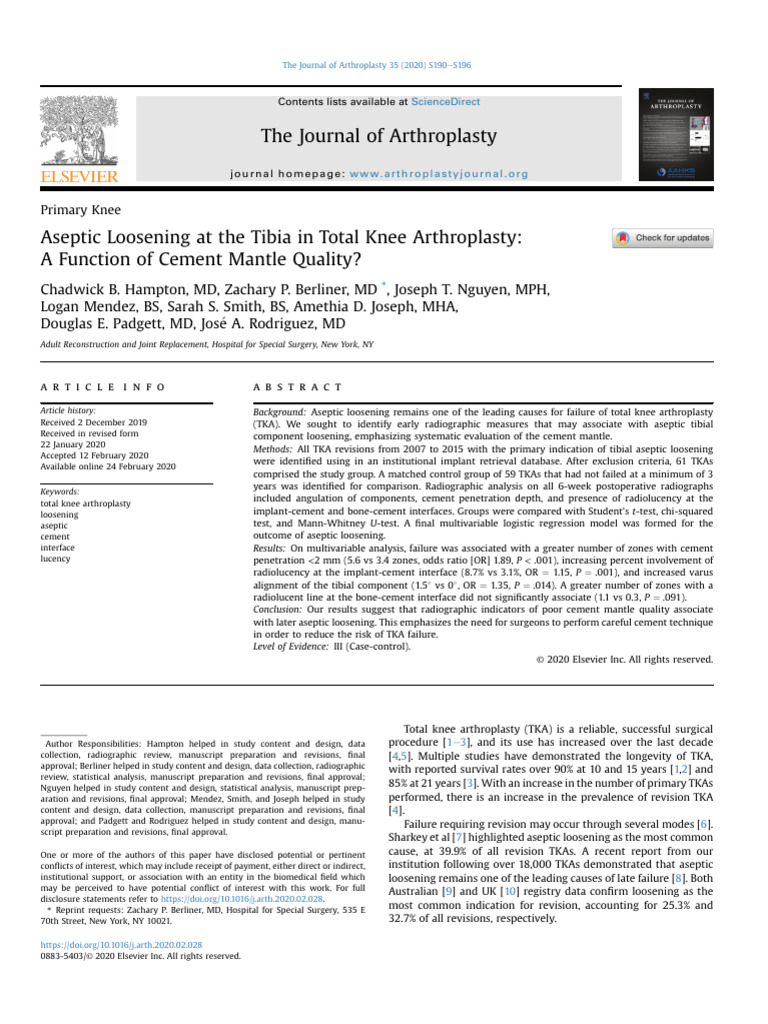 Aseptic Loosening at The Tibia in Total Knee Arthroplasty J ...