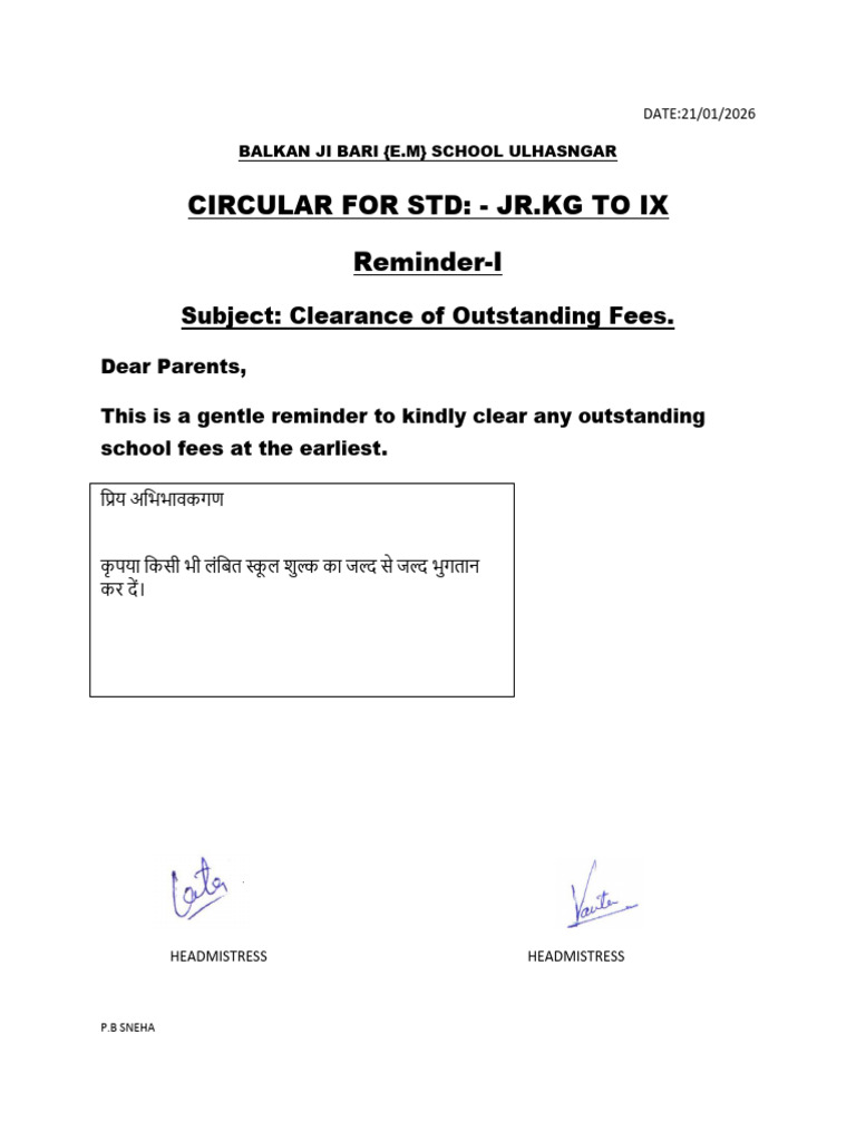Circular For Fees Reminder-I STD JR - KG To IXTH. | PDF