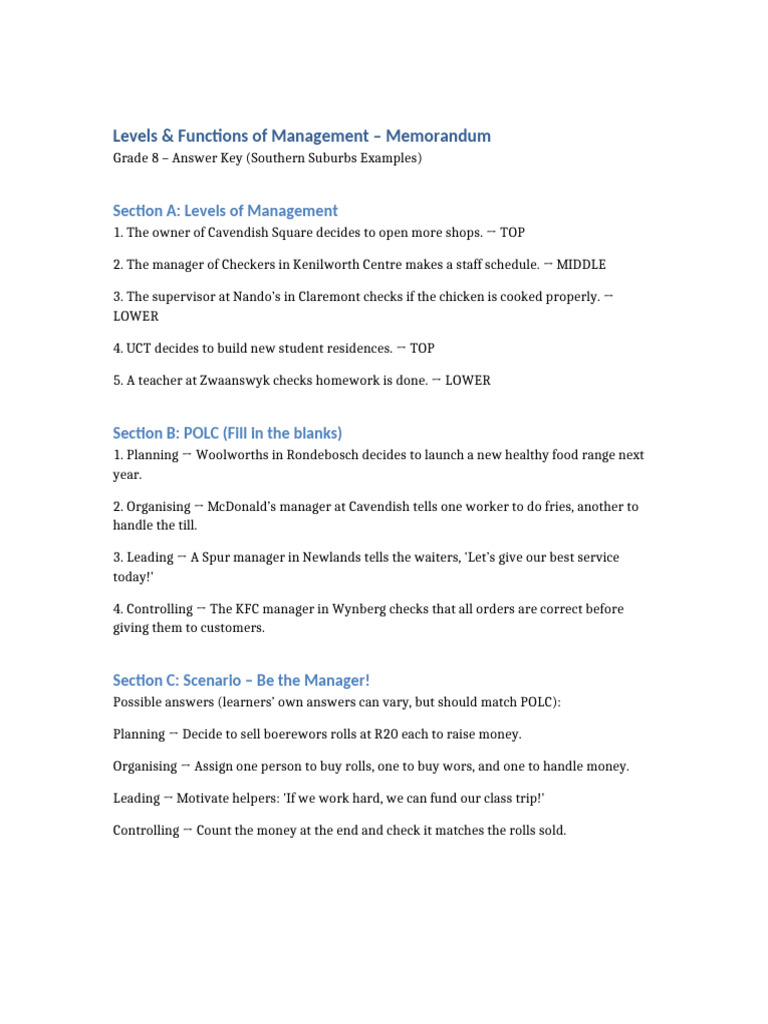 Levels and Functions of Management Memo | PDF