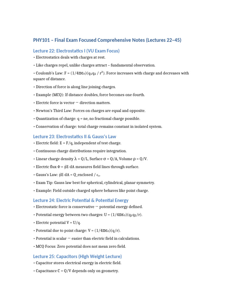 Mine 2PHY101 Final Exam Focused Notes Lec 22 To 45 | PDF | Series And ...