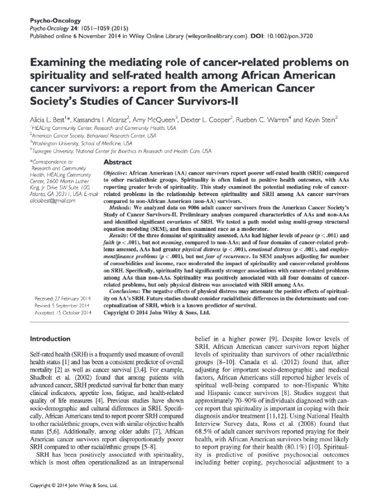 Examining the Mediating Role of Cancer-related Problems on Spirituality ...