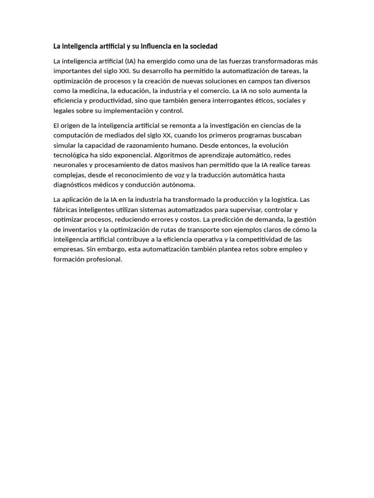 La Inteligencia Artificial y Su Influencia en La Sociedad | PDF ...