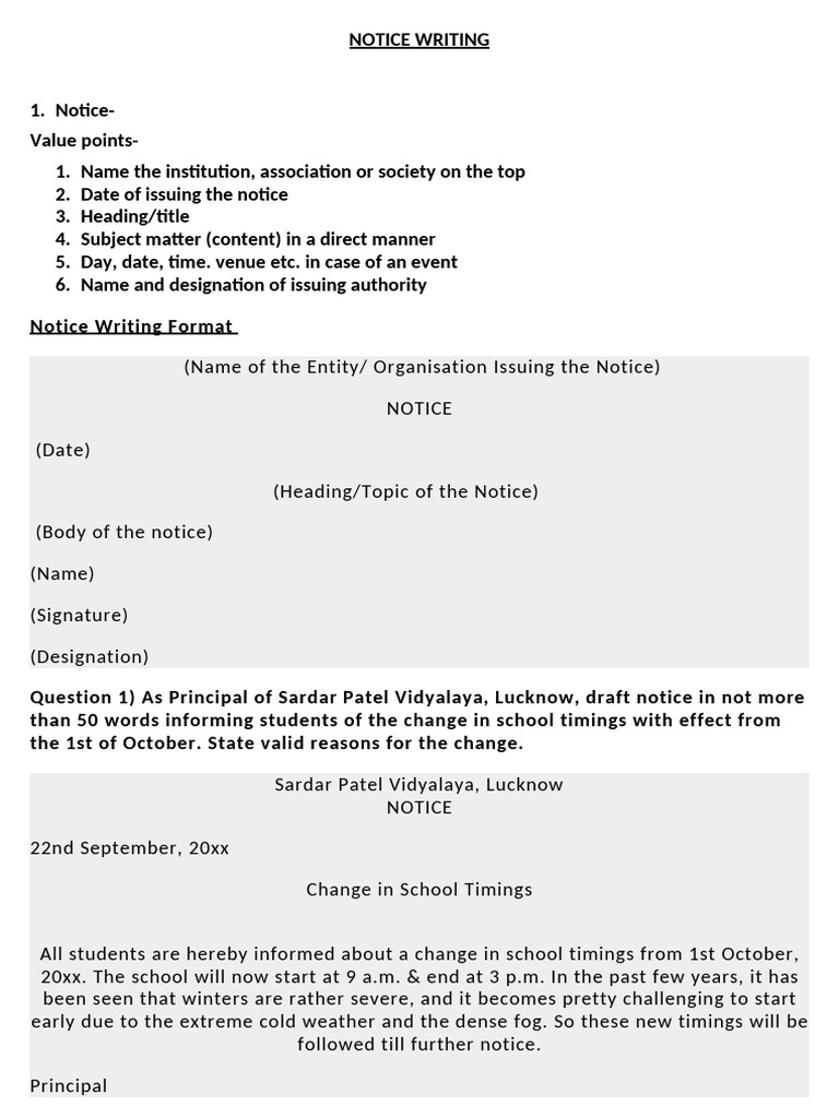 Notice Writing Notes 2024 | PDF