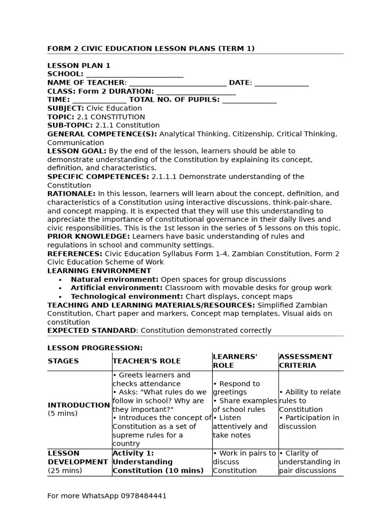 Form 2 Civic Education Lesson Plans Term 1 | PDF | Lesson Plan | Learning