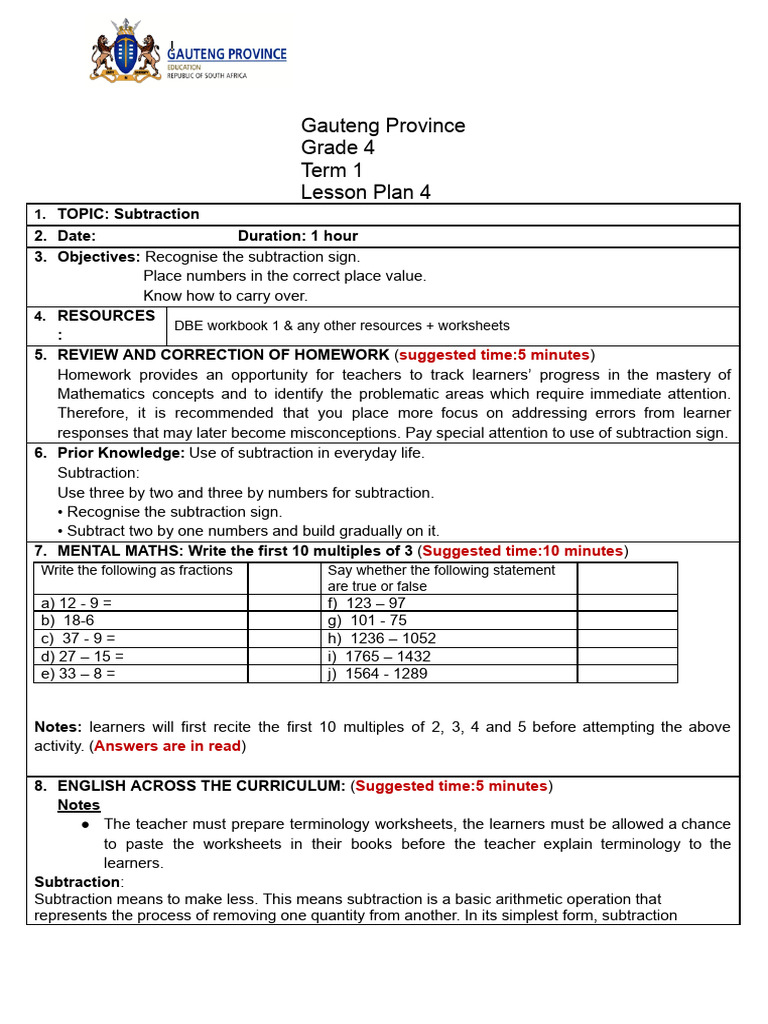 Grade 4 Subtraction Lesson Plan 1 + Activity | PDF | Subtraction ...