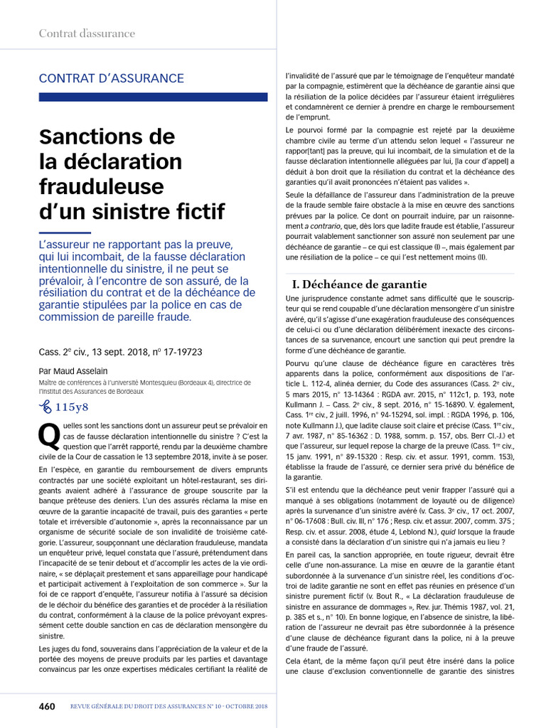 Sanction de Fausse Déclaration Sinistre | PDF | Assurance | Droit des ...