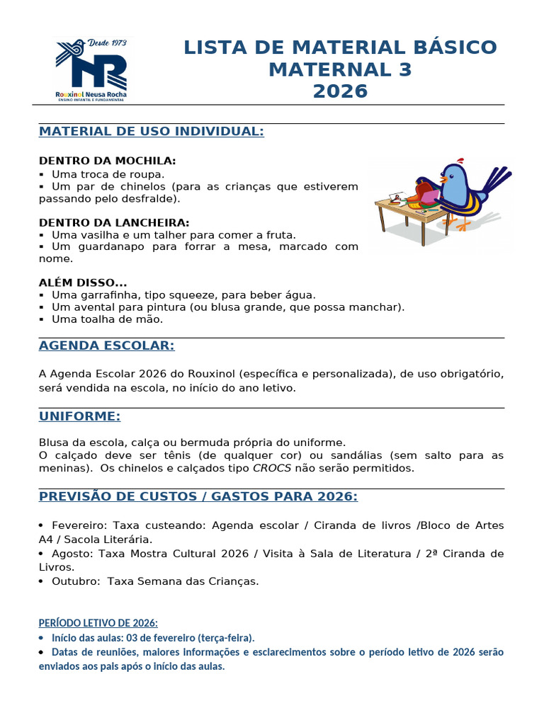 Lista de Material Maternal 3 - 2026 | PDF