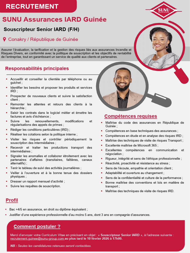 SUNU Assurances IARD Guinée: Souscripteur Senior IARD (F/H) | PDF ...
