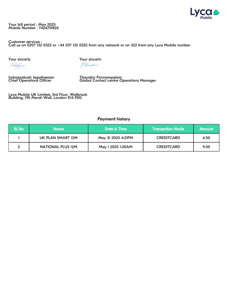 LYCA Sim Receipt May June 13.5GBP | PDF